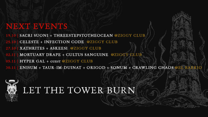 EVENTI BURNING TOWER NOVEMBRE – Mortuary Drape // Hyper Gal // Enisum