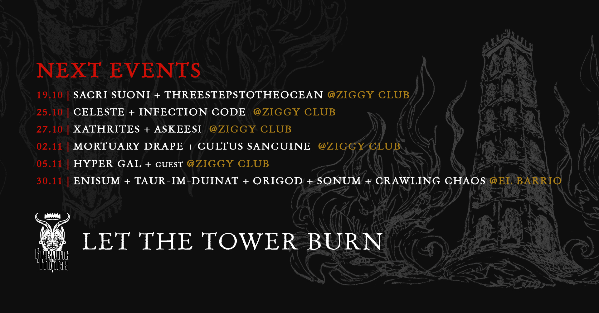 EVENTI BURNING TOWER NOVEMBRE – Mortuary Drape // Hyper Gal // Enisum